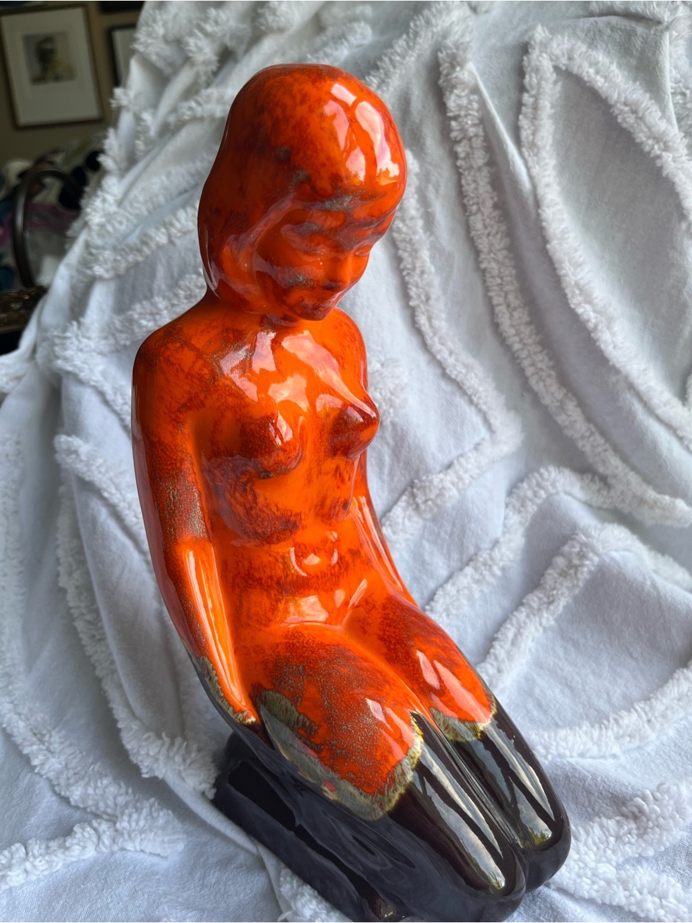 Vintage Flame Lava Drip Orange Glazed Female Figurine Sculpture